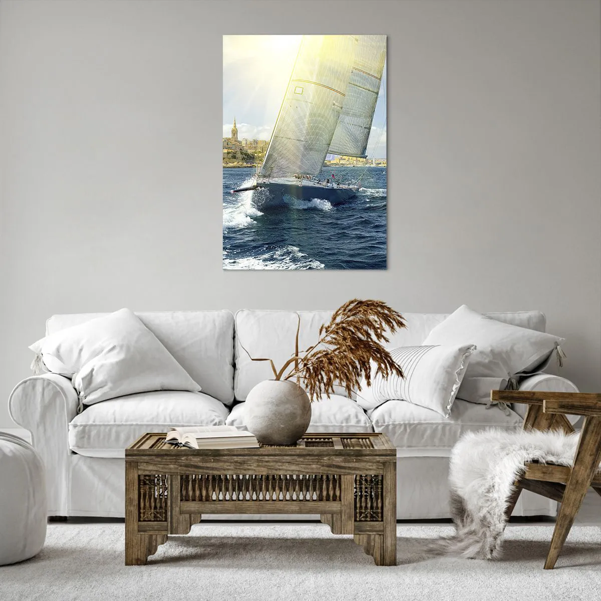 Cuadro sobre lienzo - Impresión de Imagen - Regata con el telón de fondo de una costa soleada - 70x100cm - Hora de abandonar la ciudad - Decoración de pared moderna para salón y dormitorio ARTTOR