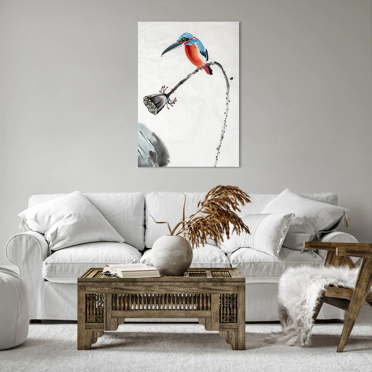 Cuadro sobre lienzo - Impresión de Imagen - Un pájaro colorido sobre un fondo de vegetación y una libélula. - 70x100cm - La vida de la pradera - Decoración de pared moderna para salón y dormitorio ARTTOR