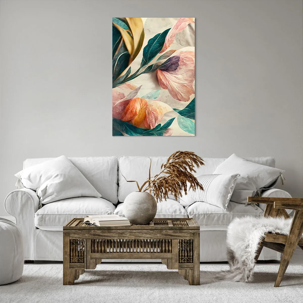 Obraz na płótnie - Kolorowe kwiaty w tropikalnym stylu na jasnym tle - 70x100cm - Kwiaty wysp południowych - Nowoczesna dekoracja ścienna do salonu i sypialni ARTTOR