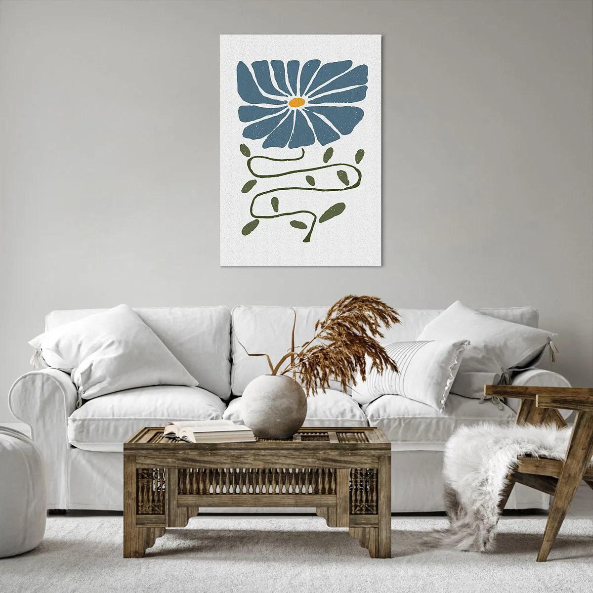 Obraz na płótnie - Niebieski kwiat z wijącą się zieloną łodygą na jasnym tle - 70x100cm - Gałązką do kwiatu - Nowoczesna dekoracja ścienna do salonu i sypialni ARTTOR