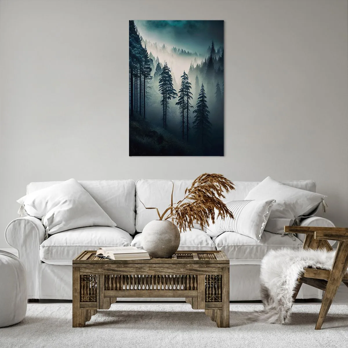 Obraz na płótnie - Górski las spowity mgłą w odcieniach niebieskiego i zieleni - 70x100cm - Górski poranek - Nowoczesna dekoracja ścienna do salonu i sypialni ARTTOR