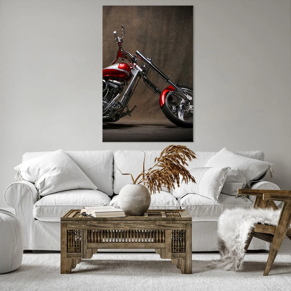 Cuadro sobre lienzo - Impresión de Imagen - Motocicleta roja personalizada sobre un fondo de tela marrón. - 80x120cm - Belleza rojo-plateada - Decoración de pared moderna para salón y dormitorio ARTTOR