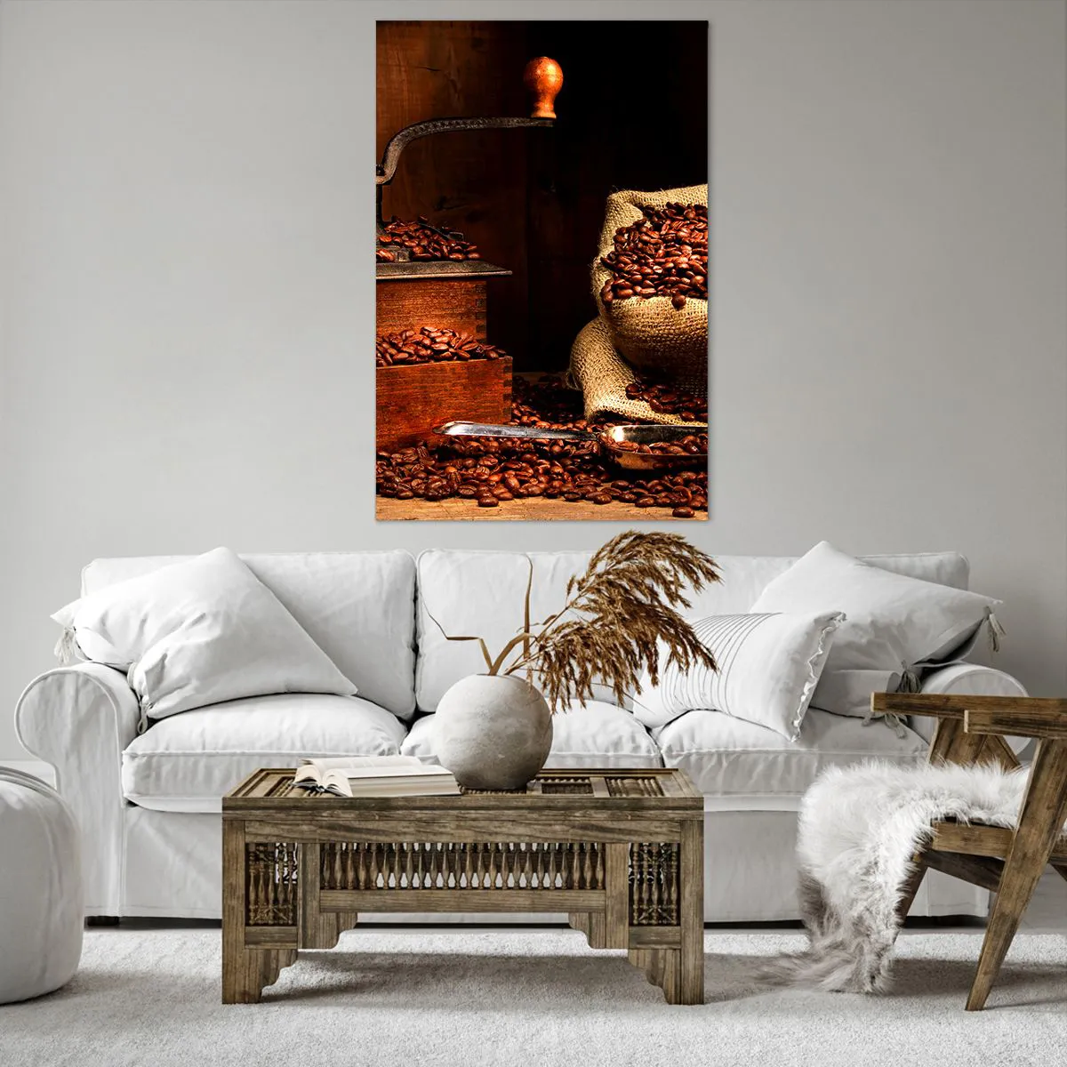 Quadro em tela - Natureza morta com grãos de café e moedor - 80x120 cm