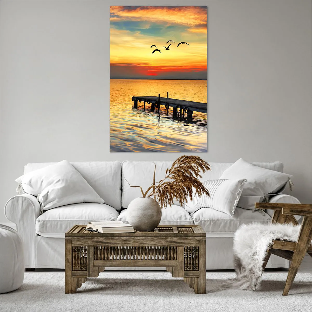 Quadro su tela - Stampe su Tela - Tramonto con barca a vela e molo su un lago calmo - 80x120cm - Il ritorno alla sera - Decorazione murale moderna per soggiorno e camera da letto ARTTOR