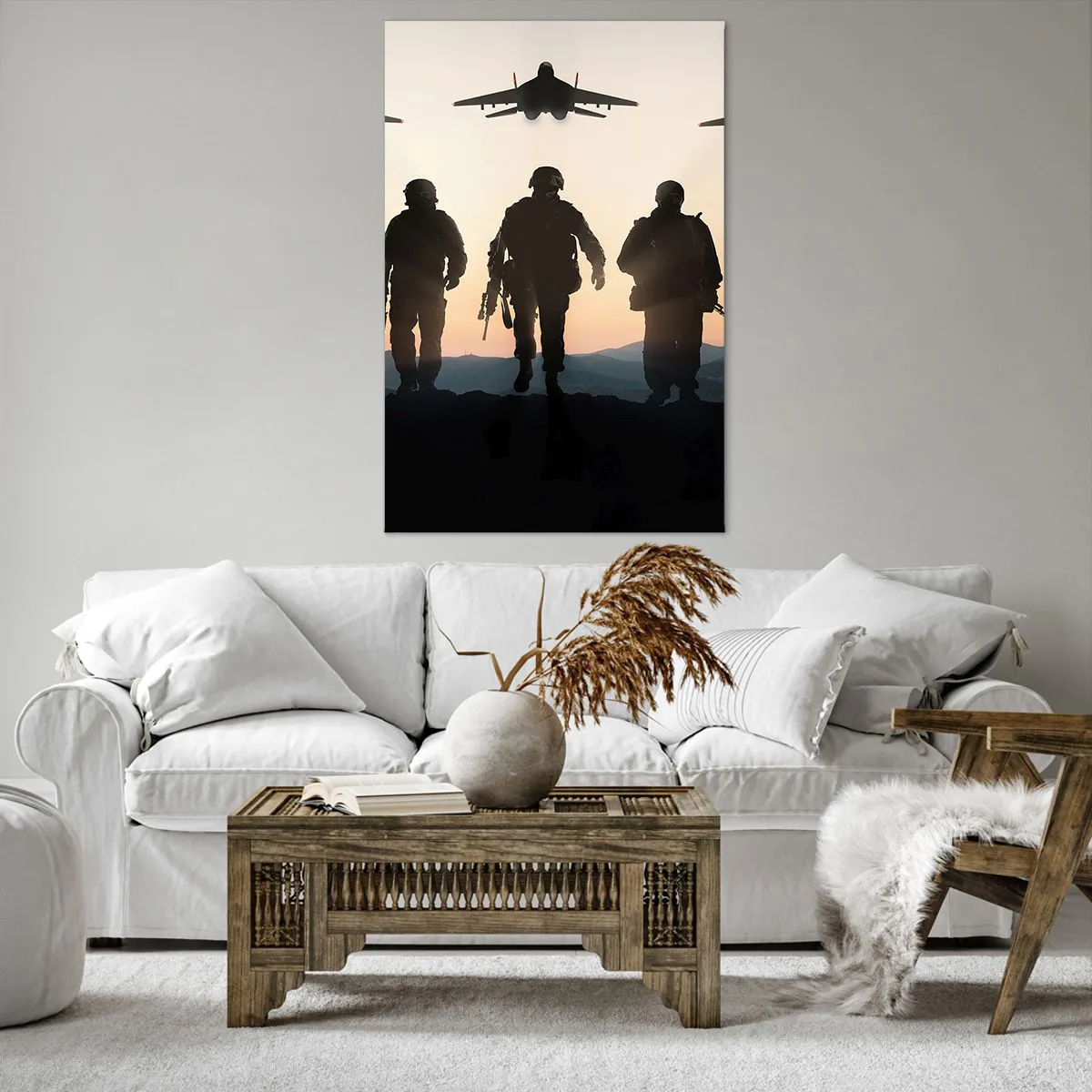 Bild auf Leinwand - Leinwandbild - Silhouetten von Soldaten und Kampfjets vor dem Hintergrund des Sonnenuntergangs - 80x120cm - Willkommen in unserer Welt - Moderne Wanddekoration für Wohnzimmer und Schlafzimmer ARTTOR