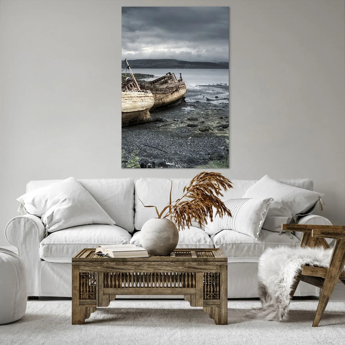 Quadro su tela - Stampe su Tela - Barche abbandonate sulla riva in una scena piovosa - 80x120cm - Segno delle fatiche degnamente sostenute - Decorazione murale moderna per soggiorno e camera da letto ARTTOR