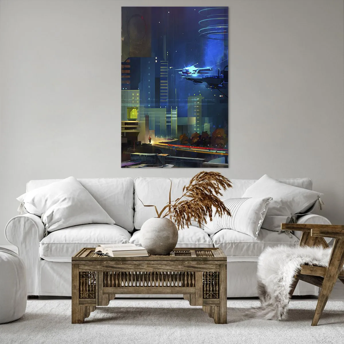 Quadro su tela - Stampe su Tela - Città futuristica di notte con luci al neon e un veicolo volante - 80x120cm - In un futuro non lontano - Decorazione murale moderna per soggiorno e camera da letto ARTTOR