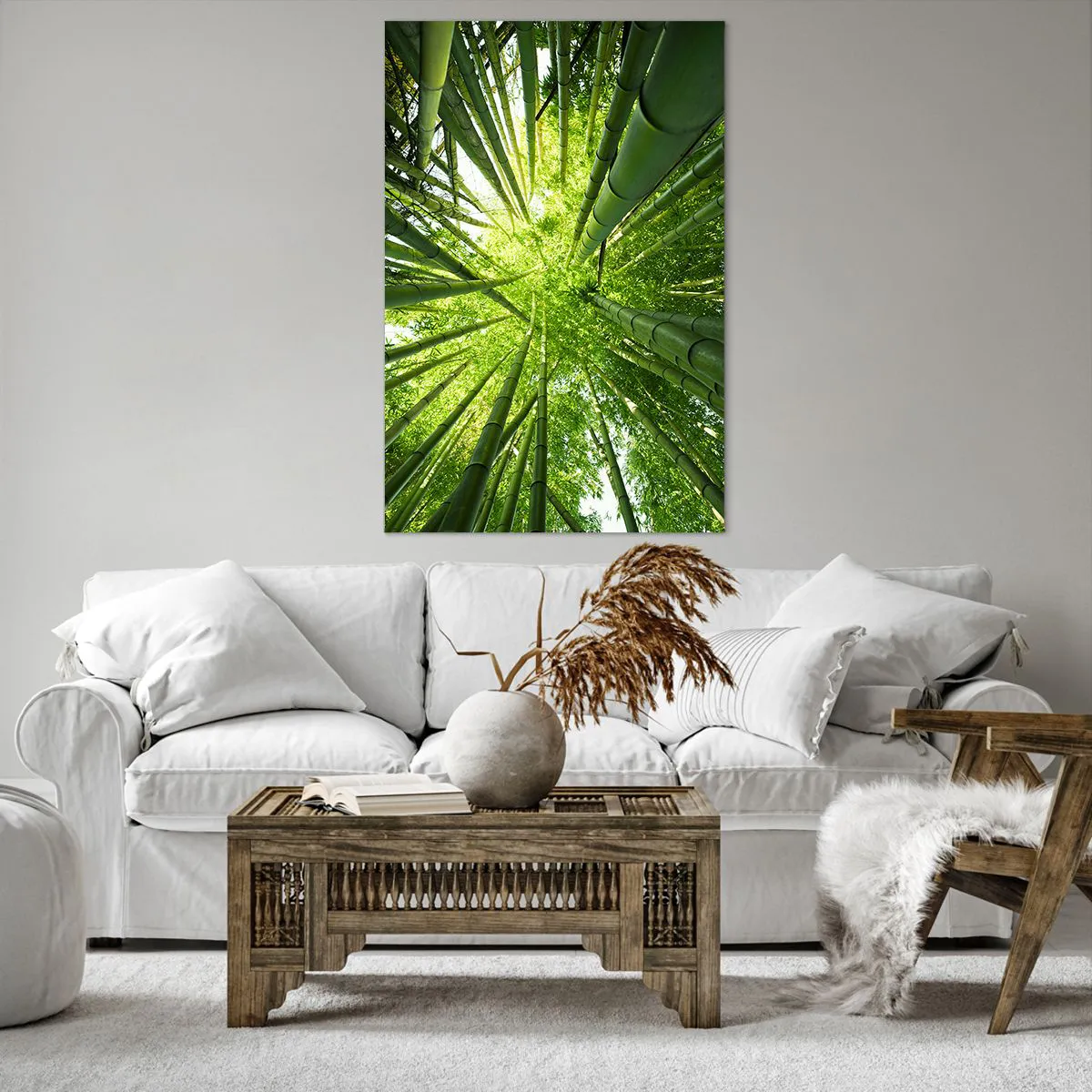 Cuadro sobre lienzo - Impresión de Imagen - Vista hacia arriba a través de un bosque de bambú verde. - 80x120cm - En un bosquecillo de bambú - Decoración de pared moderna para salón y dormitorio ARTTOR