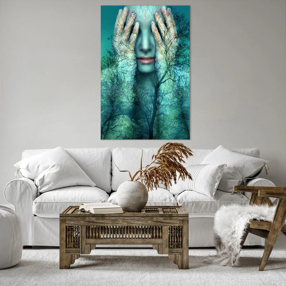 Impression sur toile - Image sur toile - Une figure de femme avec un motif d'arbre sur un fond de paysage turquoise - 80x120cm - immergé dans l'azur - Décoration murale moderne pour le salon et la chambre ARTTOR