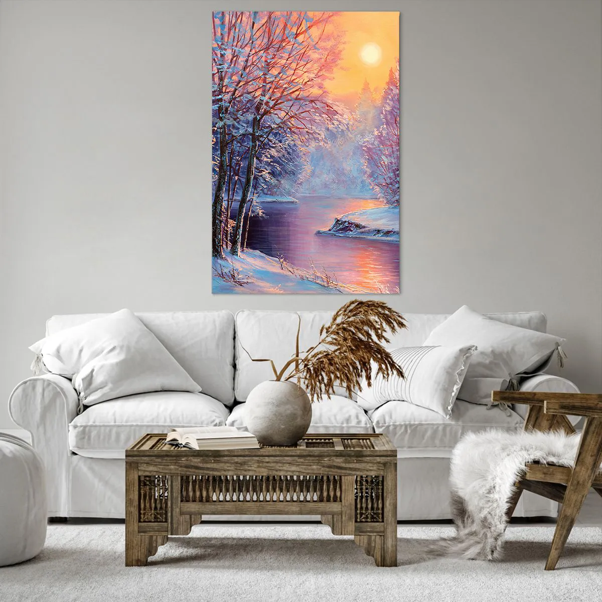 Obraz na płótnie - Zimowy krajobraz z rzeką i drzewami o wschodzie słońca - 80x120cm - Barwy zimy - Nowoczesna dekoracja ścienna do salonu i sypialni ARTTOR