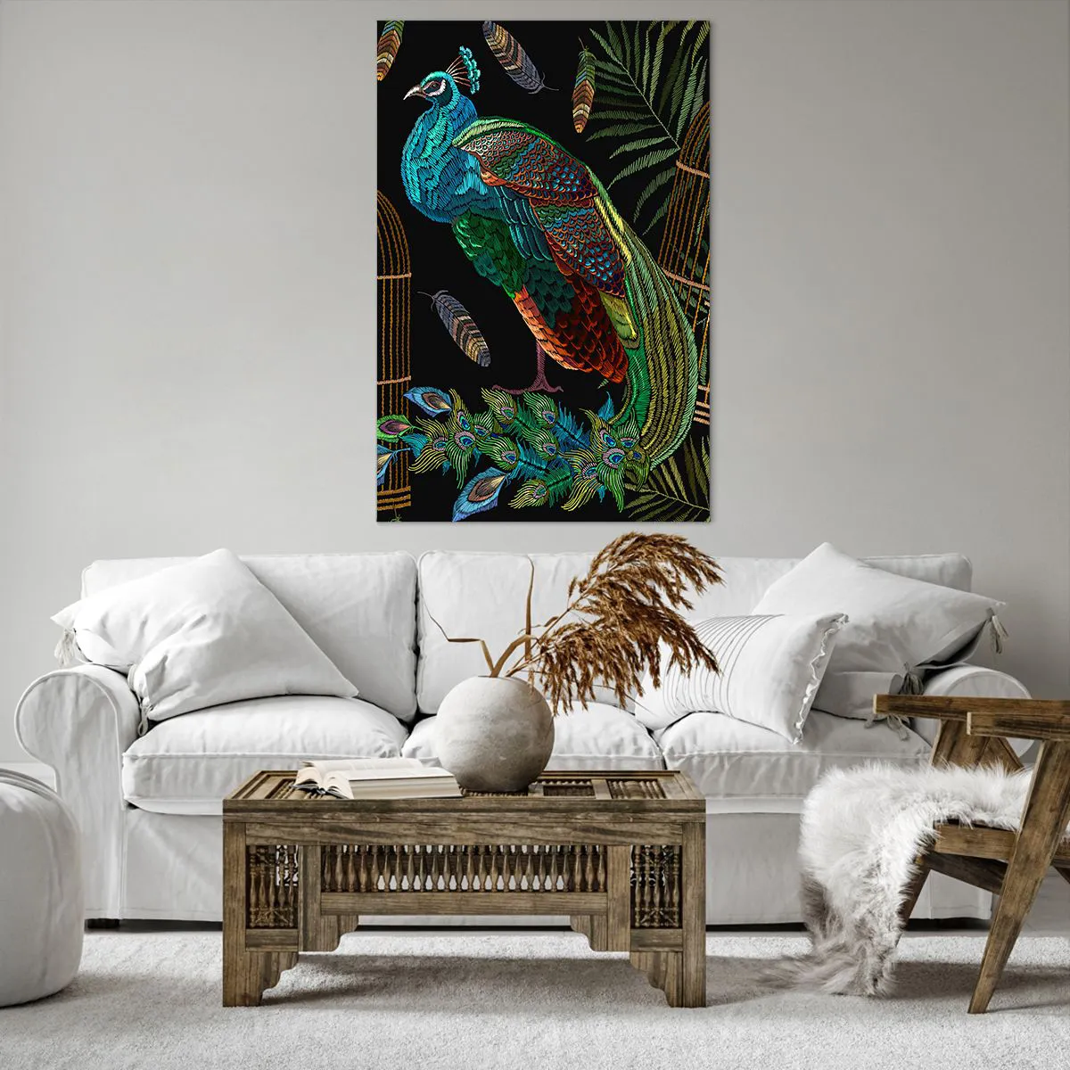 Cuadro sobre lienzo - Impresión de Imagen - Pavos reales junto a una jaula dorada sobre un fondo negro - 80x120cm - Con plumajes reales - Decoración de pared moderna para salón y dormitorio ARTTOR