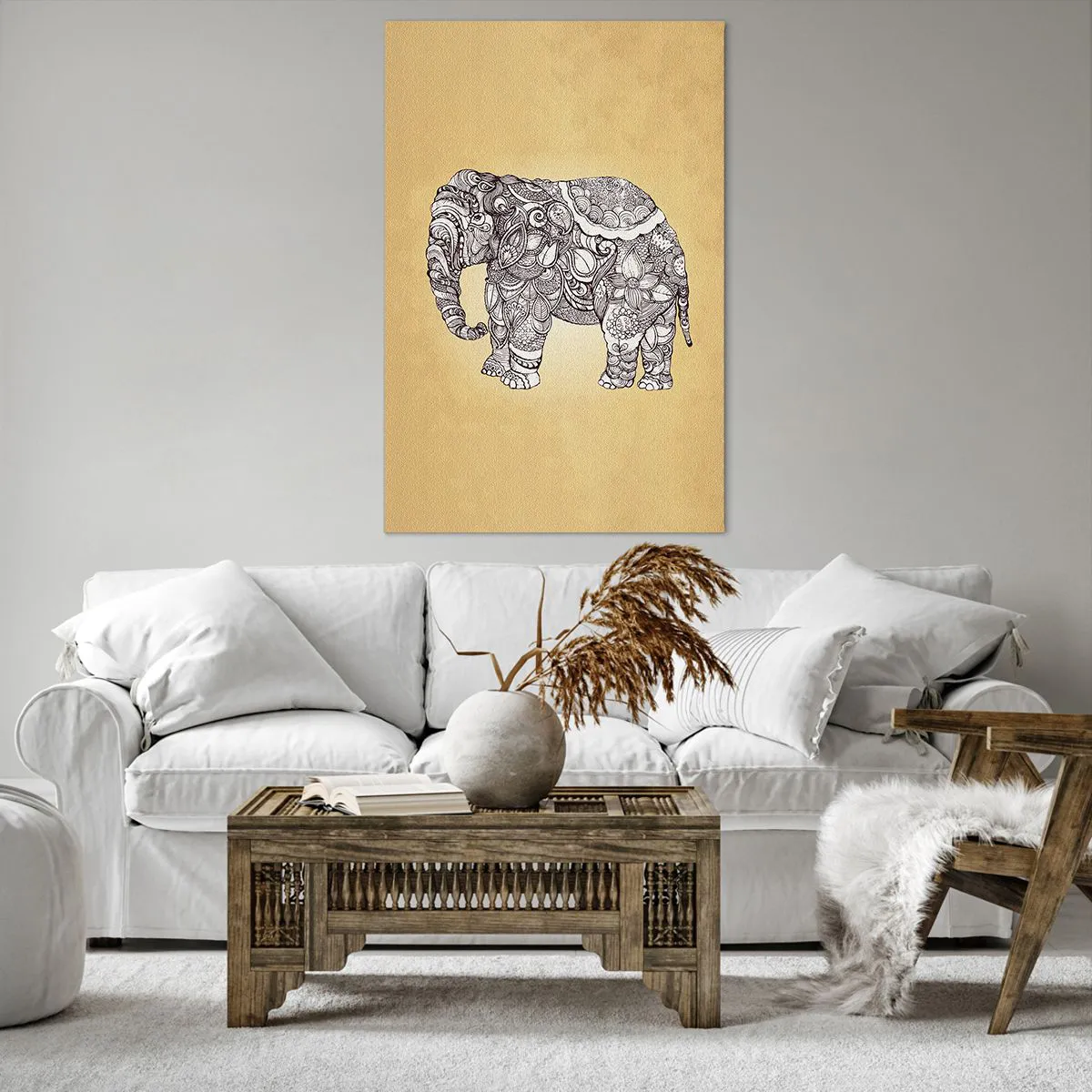 Impression sur toile - Image sur toile - Éléphant dessiné à la main avec un motif orné sur un fond beige - 80x120cm - L'éléphant s'est apprêté - Décoration murale moderne pour le salon et la chambre ARTTOR