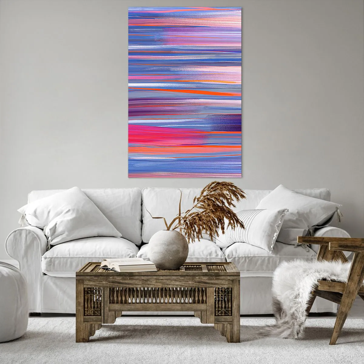 Obraz na płótnie - Abstrakcyjne pionowe linie w odcieniach niebieskiego i różu - 80x120cm - Wtęczowstąpienie - Nowoczesna dekoracja ścienna do salonu i sypialni ARTTOR