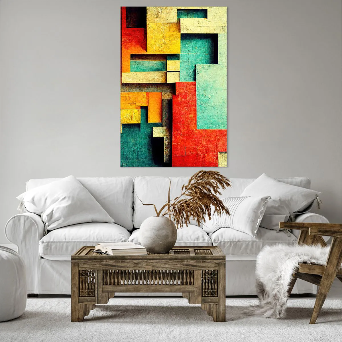 Cuadro sobre lienzo - Impresión de Imagen - Formas geométricas abstractas en colores vibrantes - 80x120cm - Festival de ángulos rectos - Decoración de pared moderna para salón y dormitorio ARTTOR