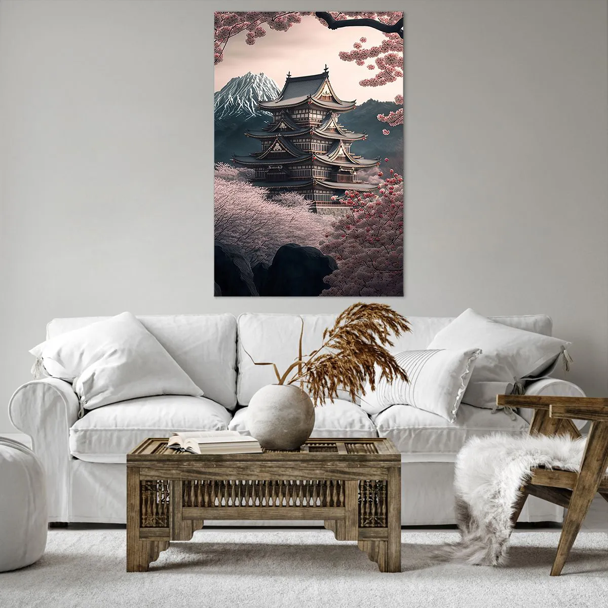 Obraz na płótnie - Japońska świątynia otoczona kwitnącymi wiśniami i górami - 80x120cm - Kraj kwitnącej wiśni - Nowoczesna dekoracja ścienna do salonu i sypialni ARTTOR