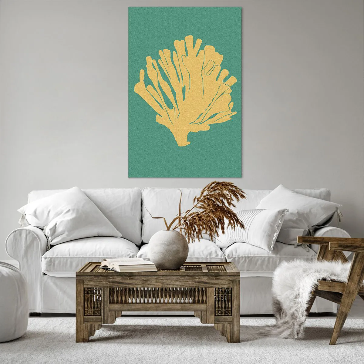 Obraz na płótnie - Minimalistyczna ilustracja koralowca w odcieniach złota na zielonym tle - 80x120cm - Krzak podwodnego lasu - Nowoczesna dekoracja ścienna do salonu i sypialni ARTTOR