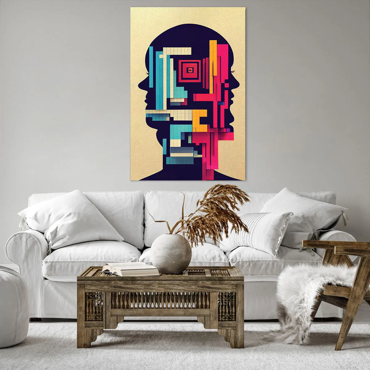 Obraz na płótnie - Abstrakcyjna ilustracja dwóch ludzkich sylwetek w geometrycznym stylu - 80x120cm - Nowe więzi - Nowoczesna dekoracja ścienna do salonu i sypialni ARTTOR