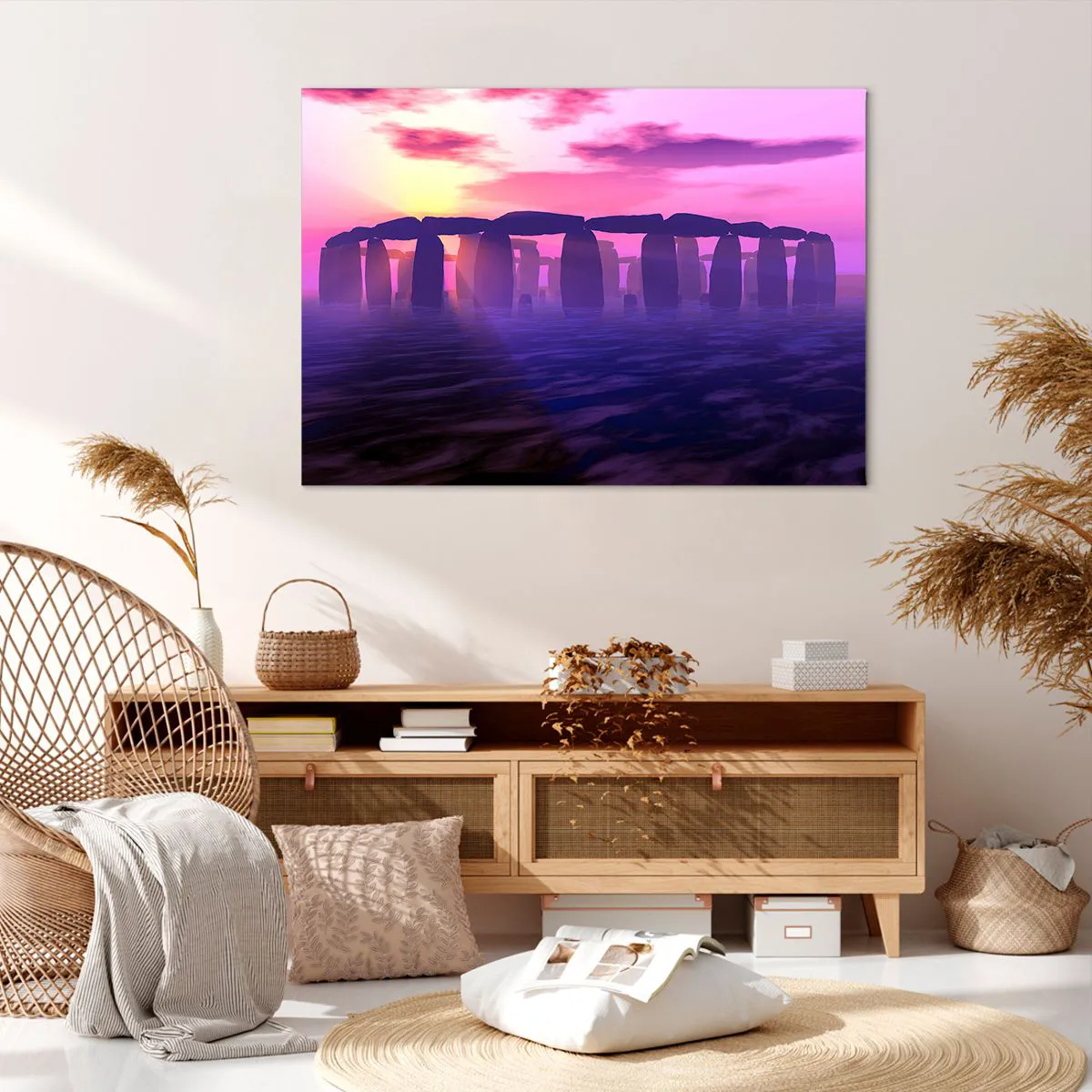 Impression sur toile - Image sur toile - Cercle de pierres au coucher du soleil avec un ciel violet - 100x70cm - Mystère à l'aube dans le brouillard - Décoration murale moderne pour le salon et la chambre ARTTOR
