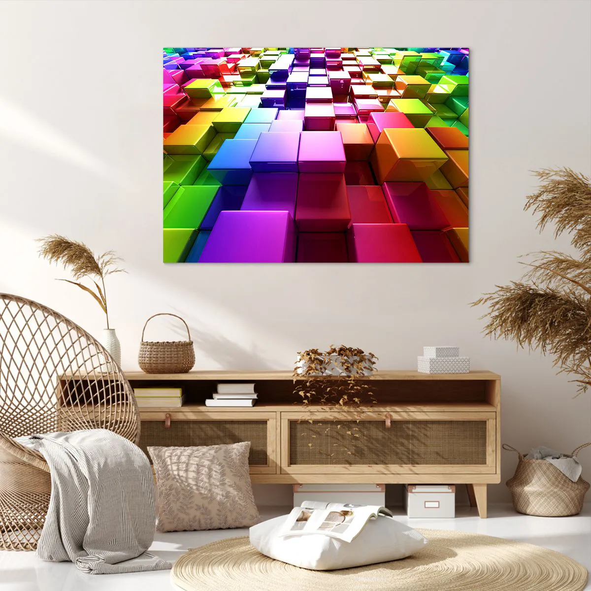 Obraz na płótnie - Kolorowe geometryczne kostki 3D - 100x70cm - Op-artowe wespół w zespół - Nowoczesna dekoracja ścienna do salonu, kuchni i sypialni ARTTOR