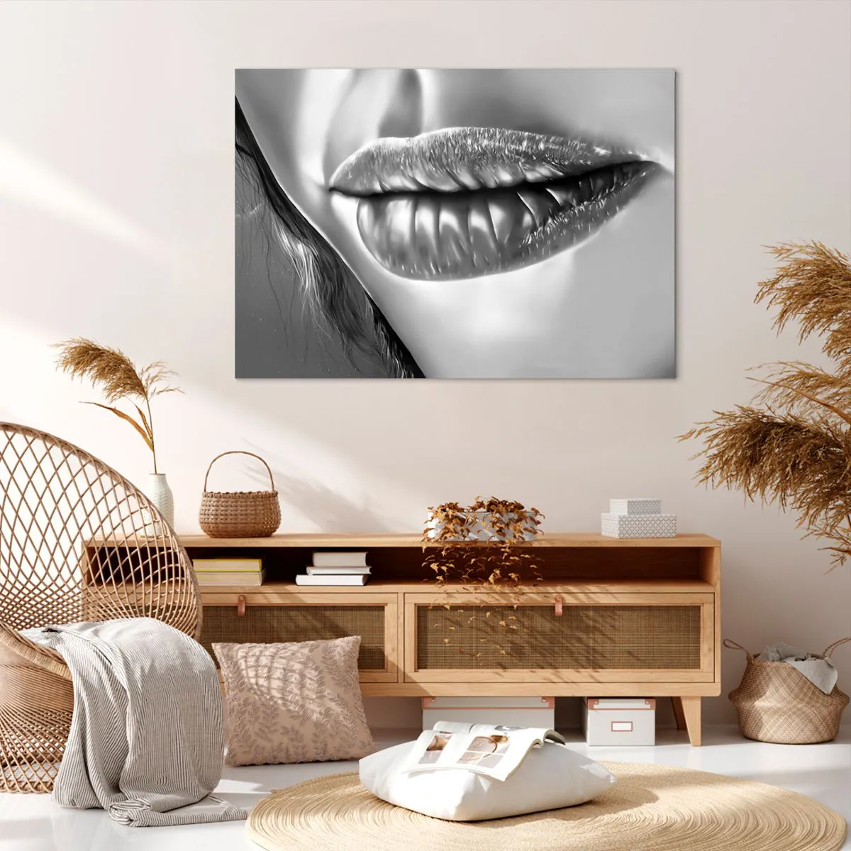 Cuadro sobre lienzo - Impresión de Imagen - Primer plano en blanco y negro de los labios de una mujer con efecto brillante y detalles. - 100x70cm - Sé lo que estás pensando... - Decoración de pared moderna para salón y dormitorio ARTTOR