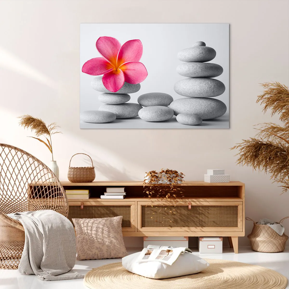 Cuadro sobre lienzo - Impresión de Imagen - Flor rosa sobre piedras de estilo zen - 100x70cm - Piedra sobre piedra, y sobre esta piedra.... - Decoración de pared moderna para salón y dormitorio ARTTOR
