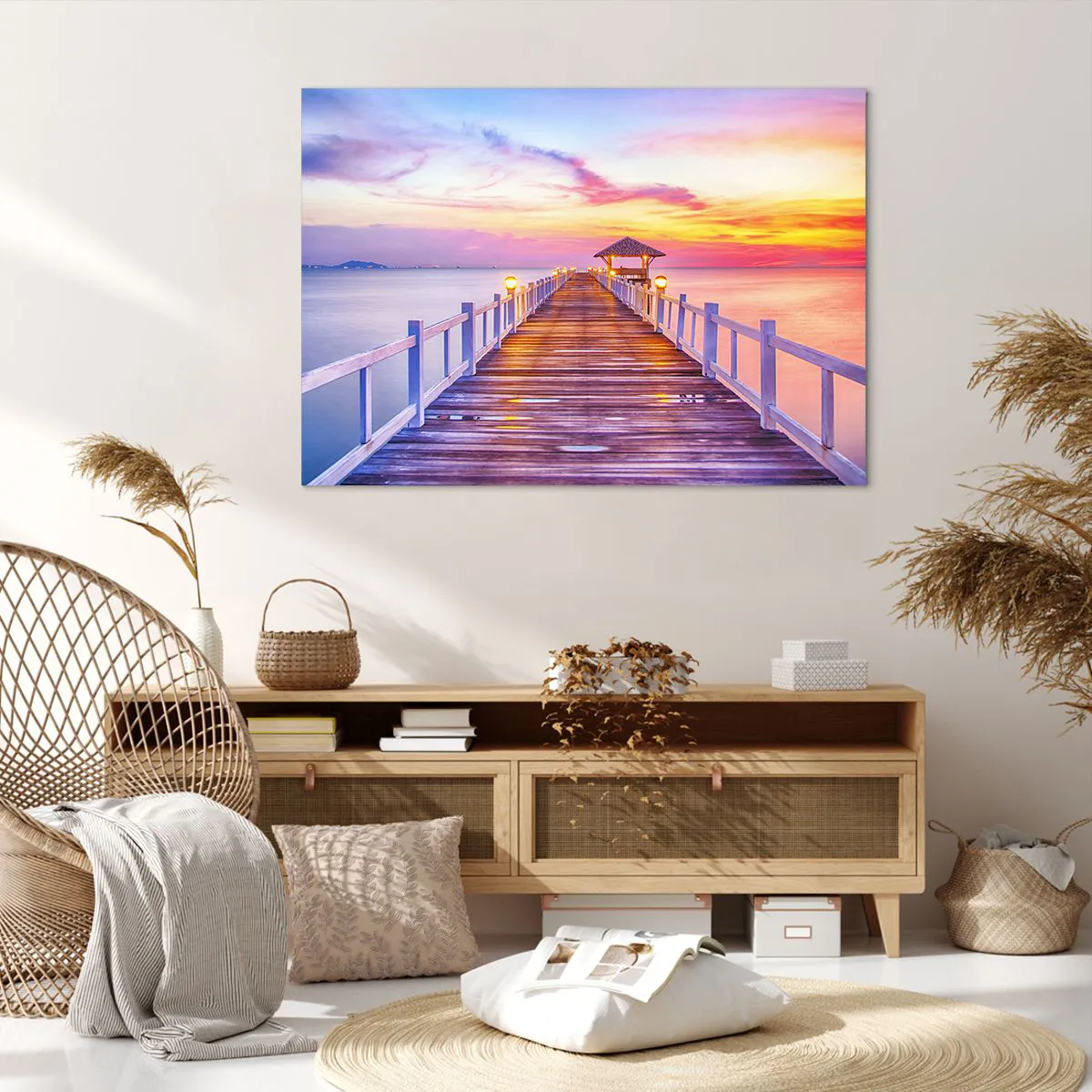 Cuadro sobre lienzo - Impresión de Imagen - Un muelle sobre el agua al atardecer en colores pastel. - 100x70cm - El silencio lila-dorado de la tarde - Decoración de pared moderna para salón y dormitorio ARTTOR