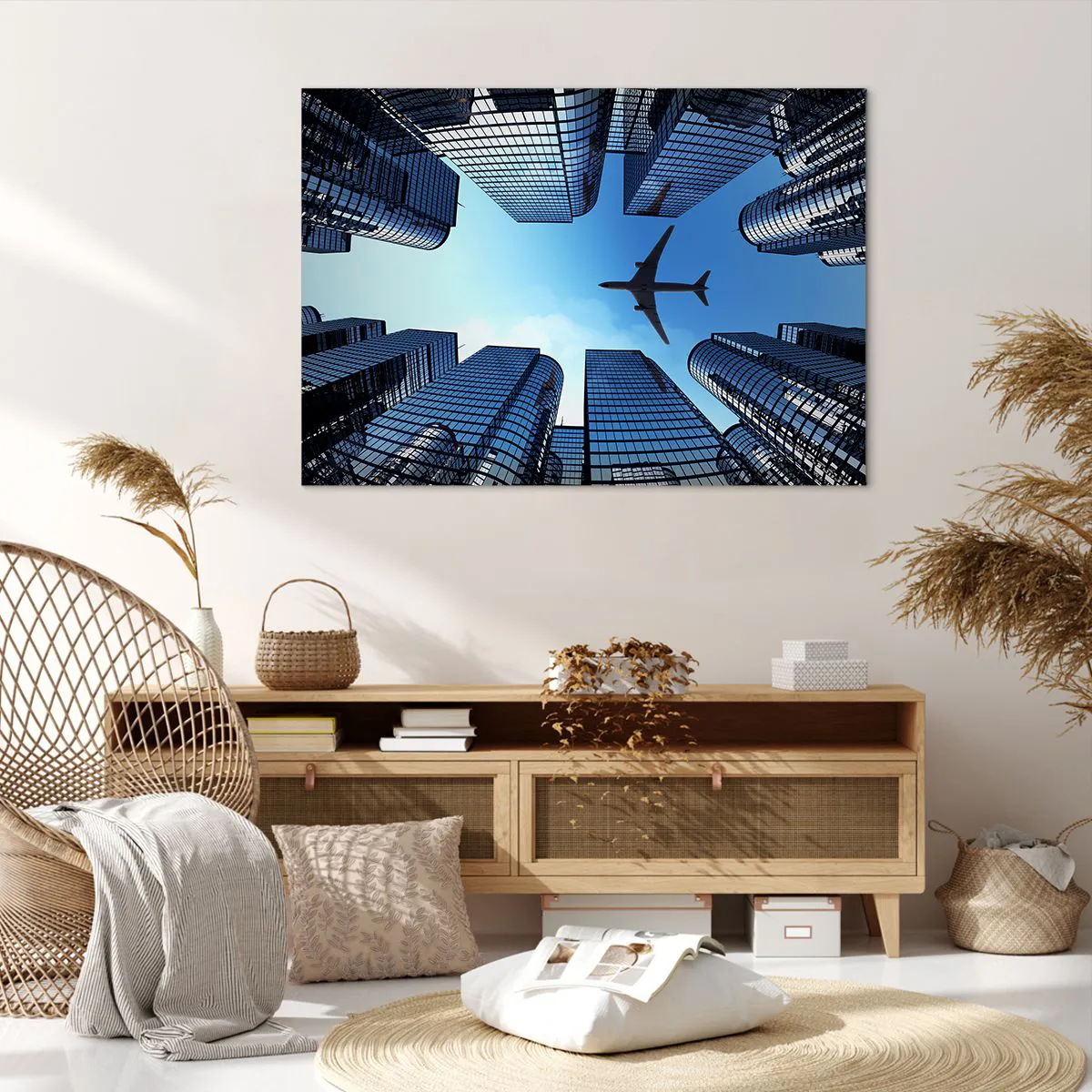 Impression sur toile - Image sur toile - Un avion survolant des gratte-ciels modernes dans le centre-ville. - 100x70cm - La vue depuis le ravin de verre - Décoration murale moderne pour le salon et la chambre ARTTOR