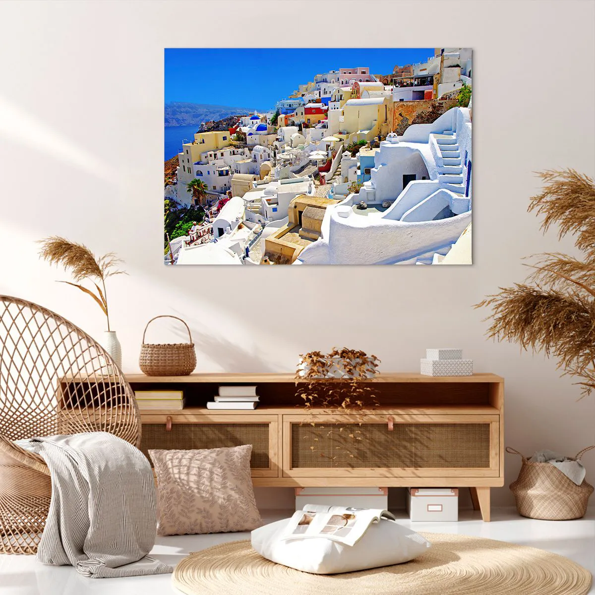 Obraz na płótnie - Panorama Santorini z białymi domami i błękitnym niebem - 100x70cm - Marzenie o greckim lecie - Nowoczesna dekoracja ścienna do salonu, kuchni i sypialni ARTTOR