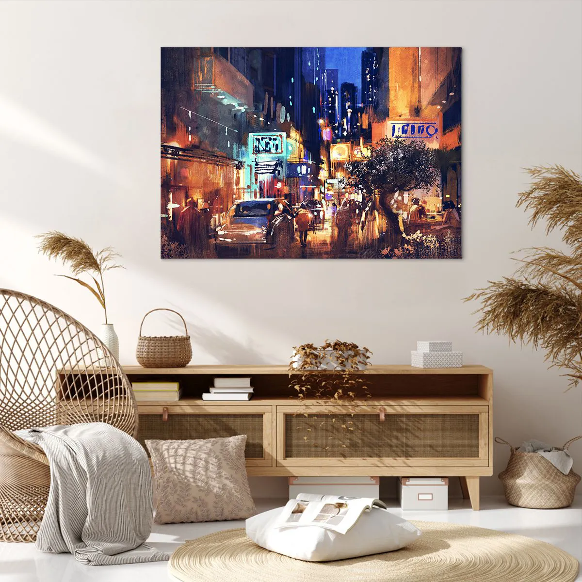 Quadro su tela - Stampe su Tela - Paesaggio urbano serale in stile impressionista - 100x70cm - Ma la città non dorme - Decorazione murale moderna per soggiorno e camera da letto ARTTOR