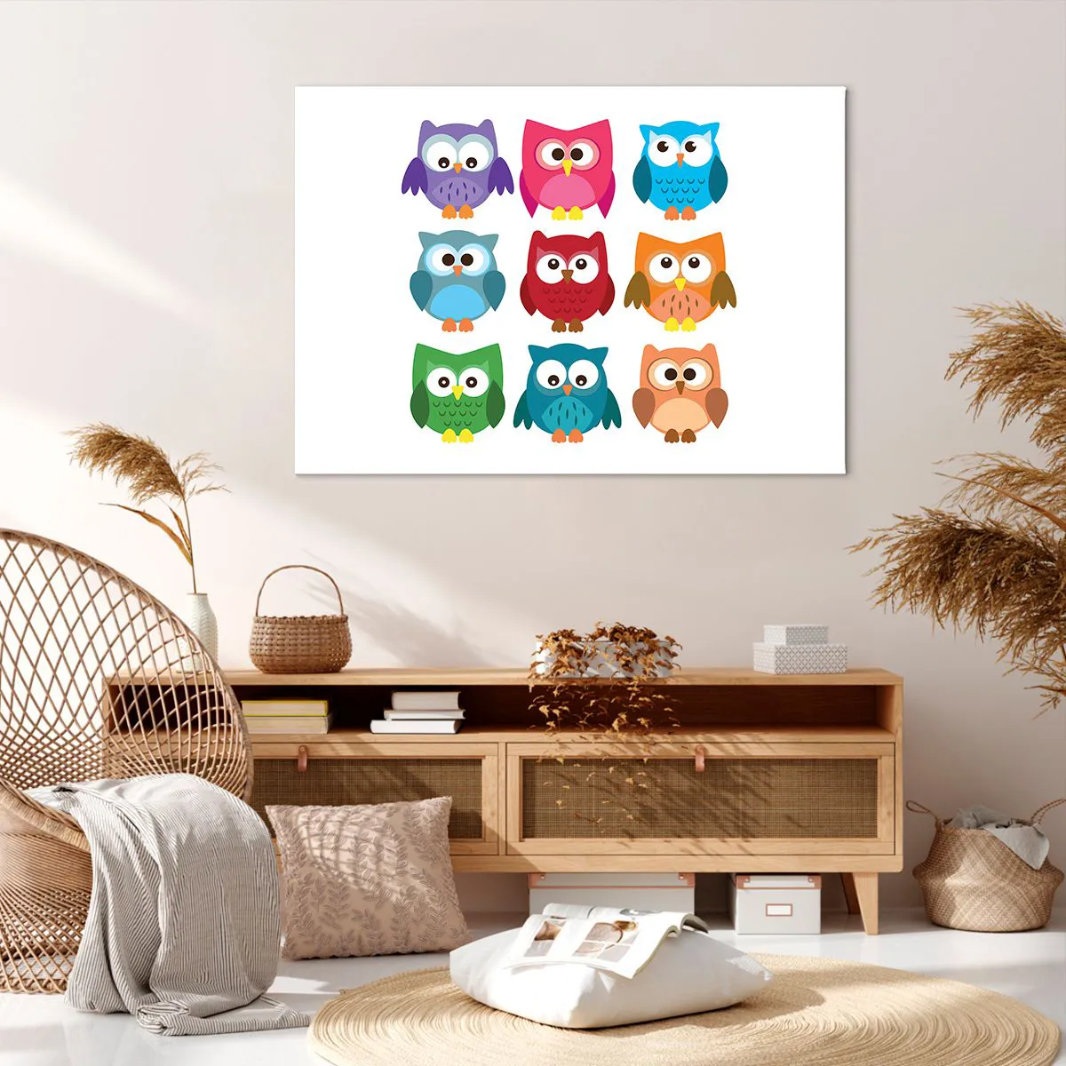 Obraz na płótnie - Kolorowe ilustracje sów w dziecięcym stylu - 100x70cm - Różnić można się zabawnie - Nowoczesna dekoracja ścienna do salonu, kuchni i sypialni ARTTOR