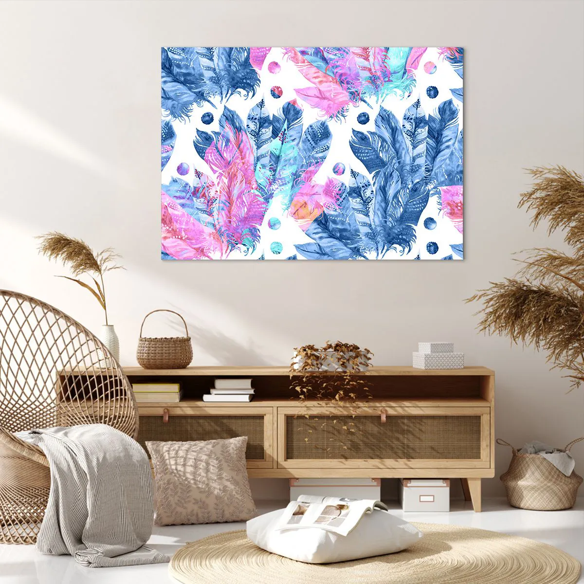 Vászonkép - Rózsaszín és kék tollak - 100x70 cm