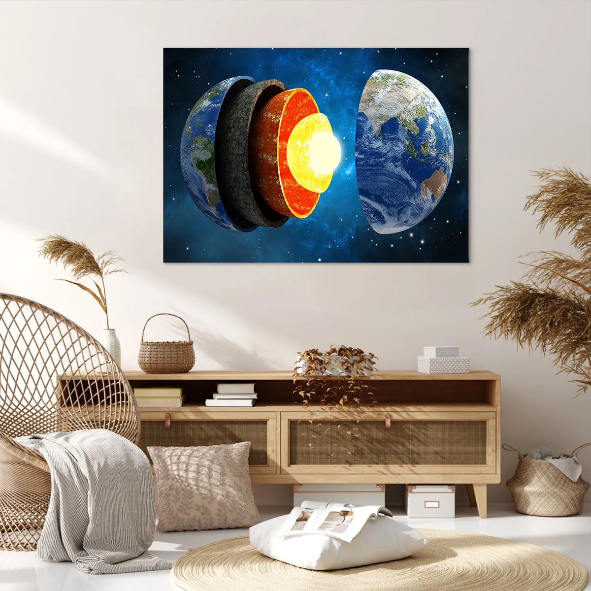 Obraz na płótnie - Przekrój Ziemi ukazujący jej warstwy w przestrzeni kosmicznej - 100x70cm - Wyprawa do wnętrz Ziemi - Nowoczesna dekoracja ścienna do salonu, kuchni i sypialni ARTTOR