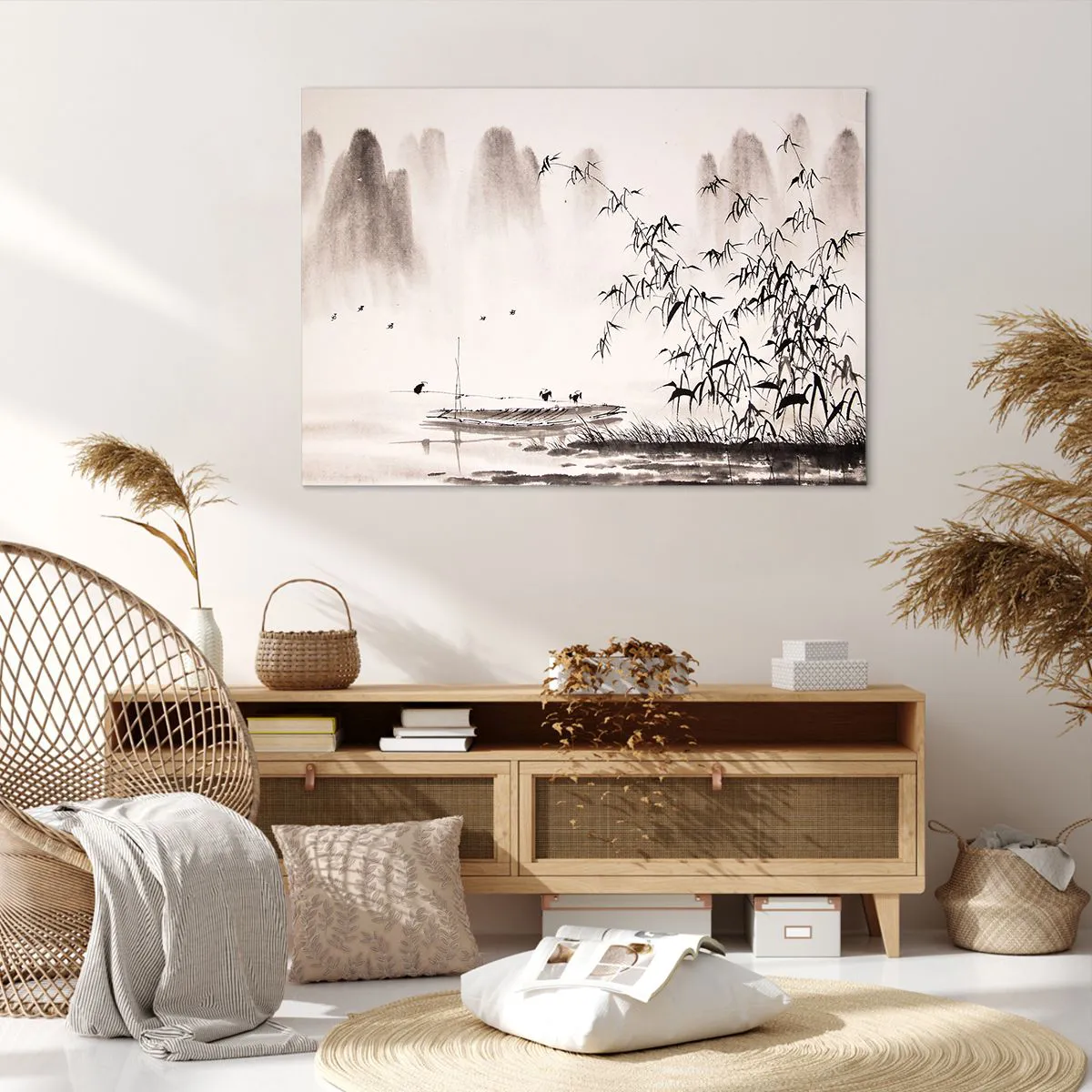 Impression sur toile - Image sur toile - Un paysage minimaliste de style oriental - 100x70cm - Le silence des rizières - Décoration murale moderne pour le salon et la chambre ARTTOR