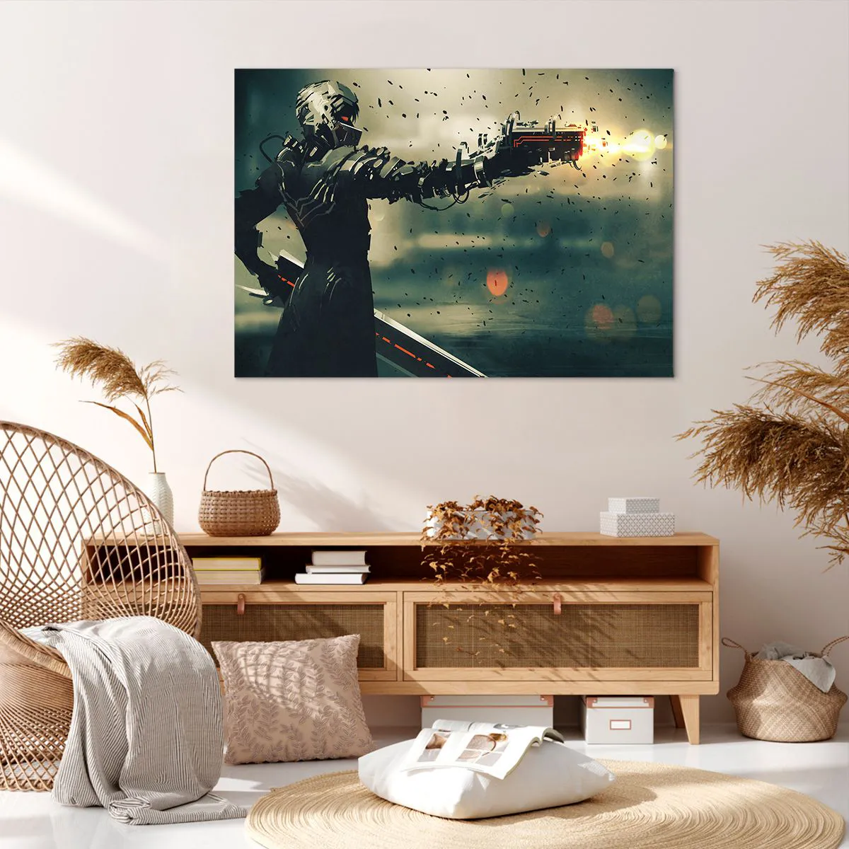 Cuadro sobre lienzo - Impresión de Imagen - Guerrero cibernético con armamento futurista. - 100x70cm - Arma letal: tu propio Terminator - Decoración de pared moderna para salón y dormitorio ARTTOR