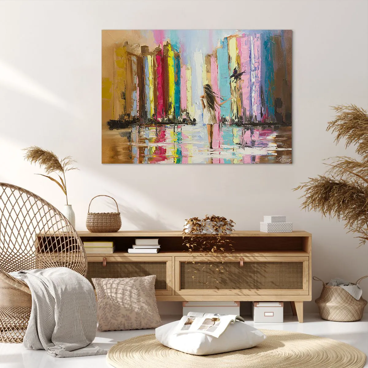 Obraz na płótnie - Kolorowe miasto i kobieta w białej sukni z ptakiem - 100x70cm - Idż za mną - Nowoczesna dekoracja ścienna do salonu, kuchni i sypialni ARTTOR