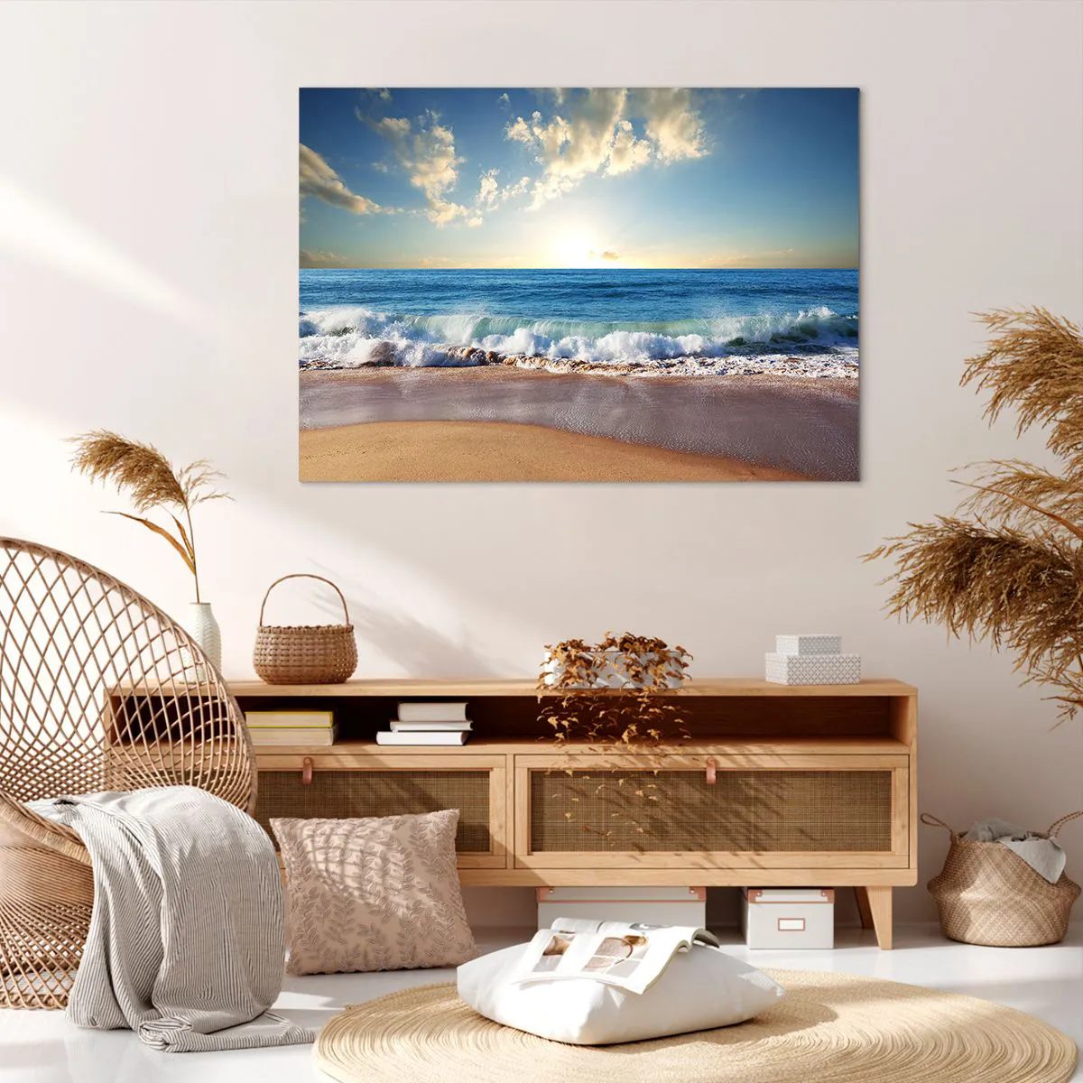 Quadro su tela - Stampe su Tela - Una spiaggia soleggiata con onde che si infrangono sulla riva - 100x70cm - Insieme movimento e immobilità - Decorazione murale moderna per soggiorno e camera da letto ARTTOR