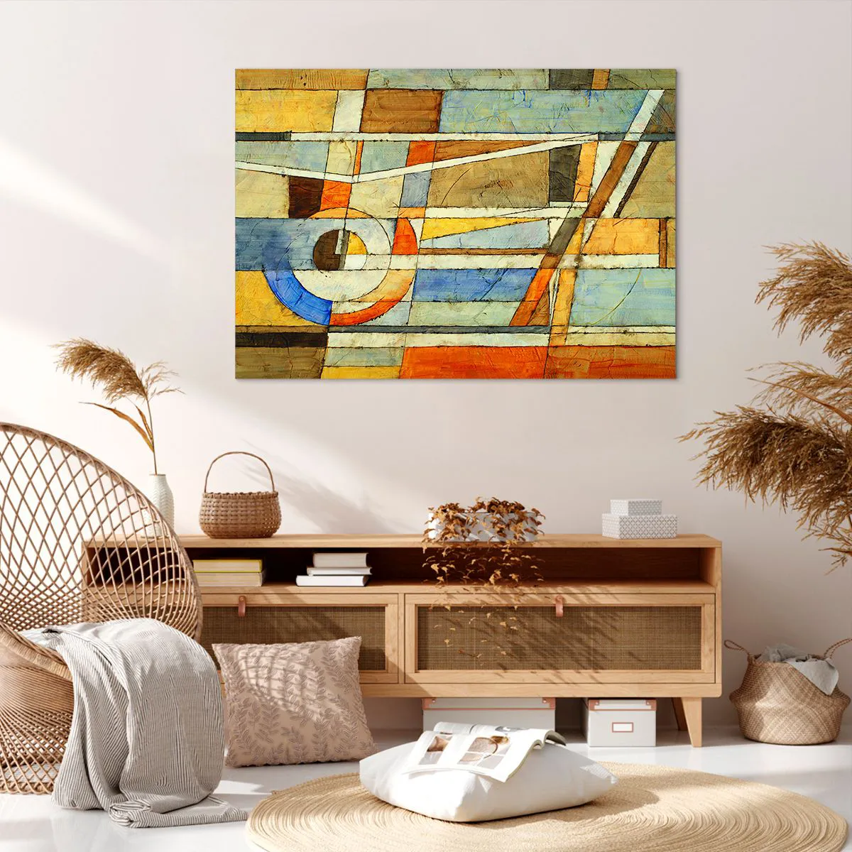 Obraz na płótnie - Geometryczna abstrakcja w odcieniach beżu, błękitu i pomarańczy - 100x70cm - Kubizm na budowie - Nowoczesna dekoracja ścienna do salonu, kuchni i sypialni ARTTOR