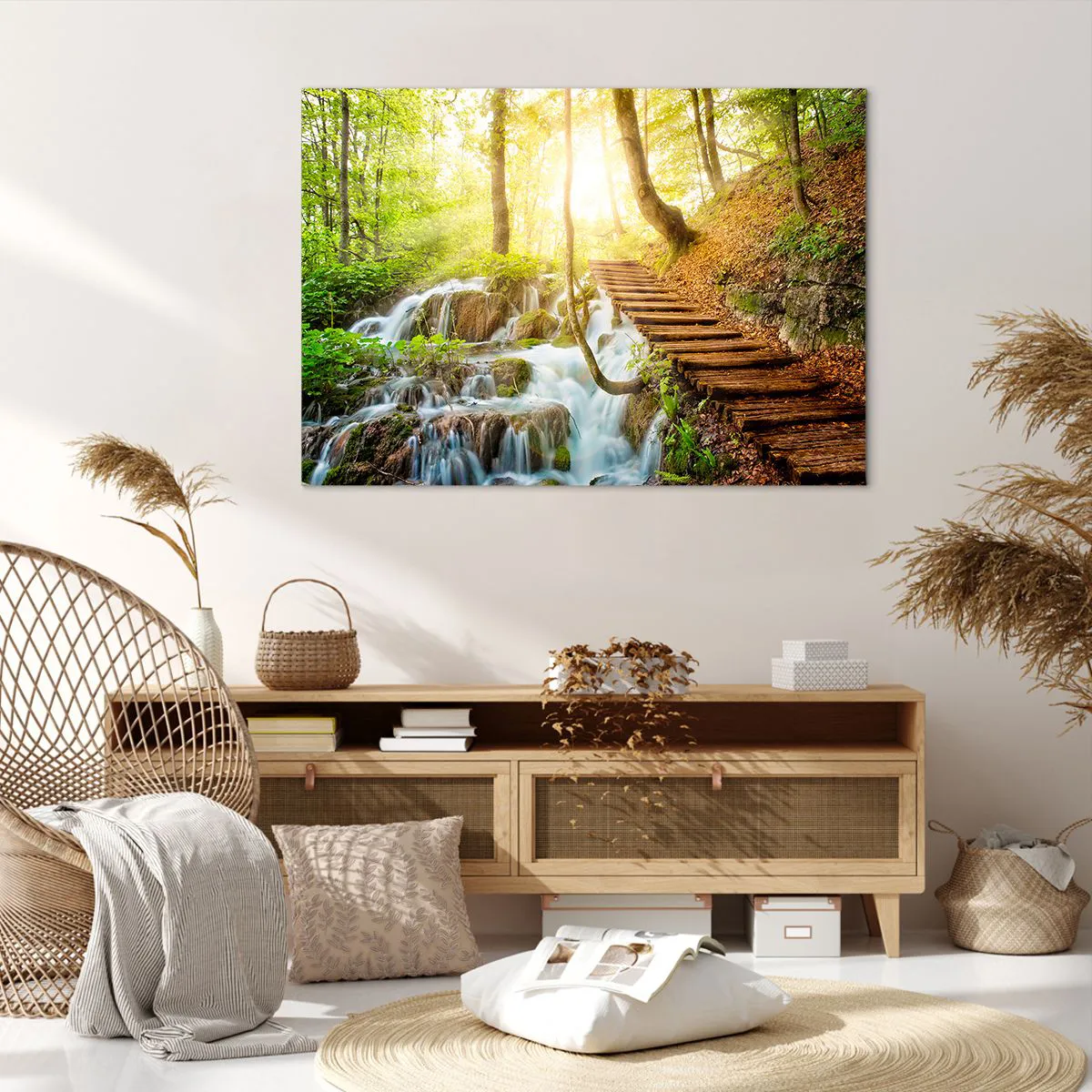 Impression sur toile - Image sur toile - Chemin forestier avec escaliers en bois près de la cascade - 100x70cm - Une fraîcheur tant désirée - Décoration murale moderne pour le salon et la chambre ARTTOR