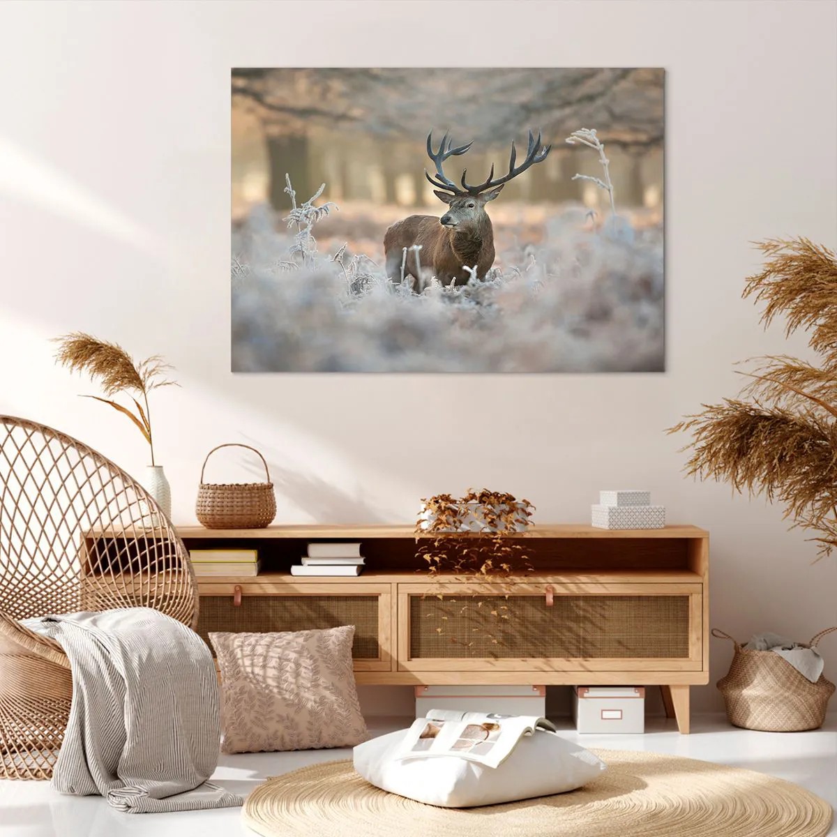 Quadro su tela - Stampe su Tela - Un cervo in una radura gelida in una foresta invernale dai colori tenui - 100x70cm - Fresco mattino - Decorazione murale moderna per soggiorno e camera da letto ARTTOR