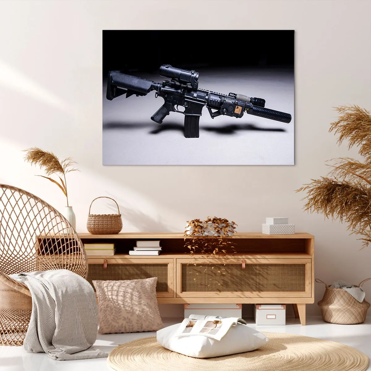 Cuadro sobre lienzo - Impresión de Imagen - Un rifle moderno en negro sobre un fondo oscuro. - 100x70cm - Un caballero oscuro - Decoración de pared moderna para salón y dormitorio ARTTOR