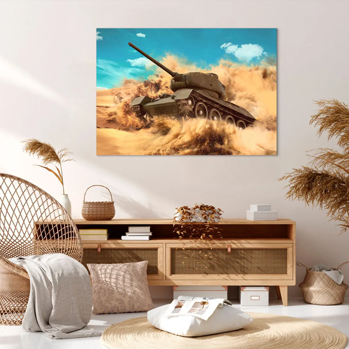 Bild auf Leinwand - Leinwandbild - Ein Panzer im Einsatz in der Wüste, umgeben von Sandstaub. - 100x70cm - Nicht zu besiegen - Moderne Wanddekoration für Wohnzimmer und Schlafzimmer ARTTOR