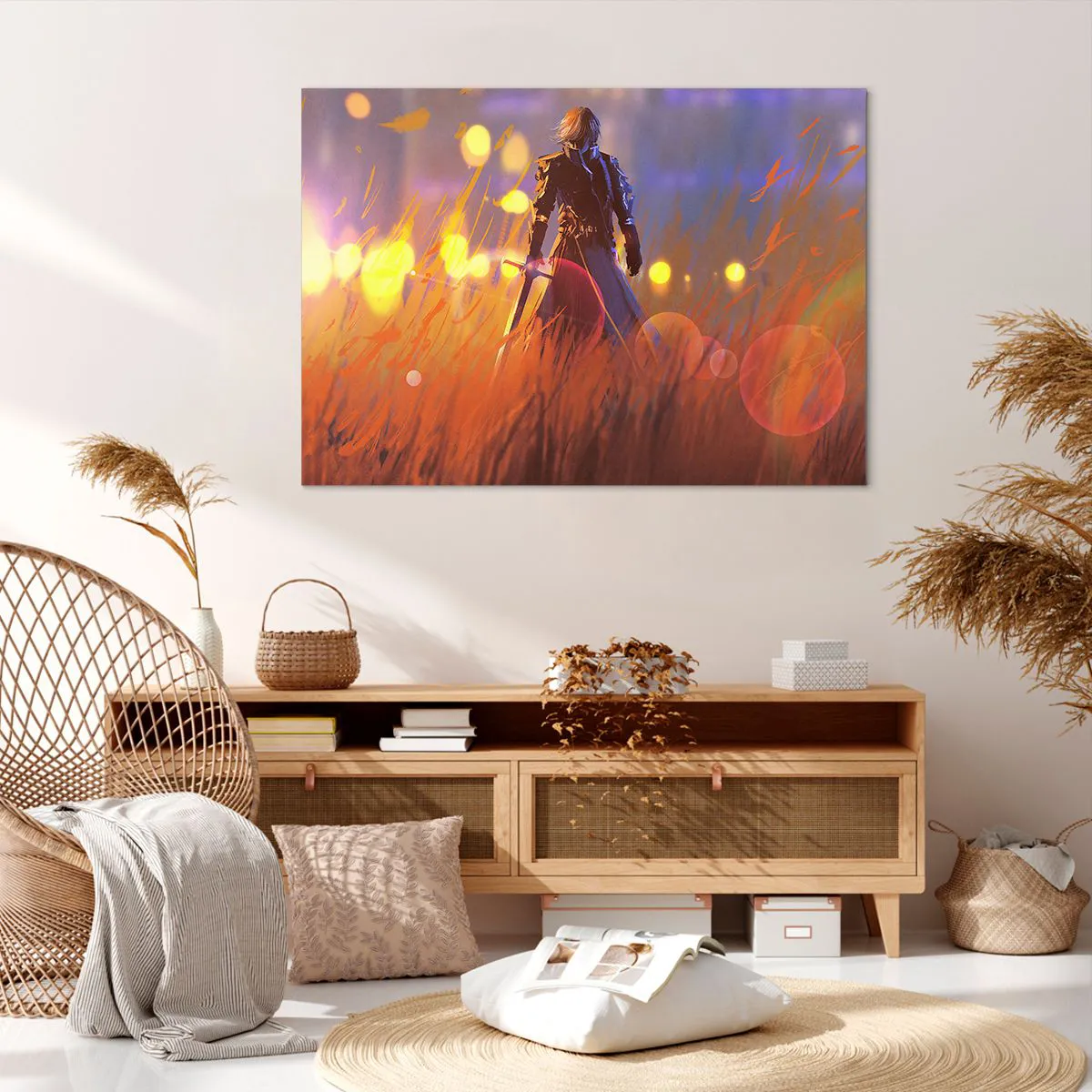 Impression sur toile - Image sur toile - La figure d'un chevalier à la lumière du soleil couchant dans un champ - 100x70cm - Chevalier errant - Décoration murale moderne pour le salon et la chambre ARTTOR