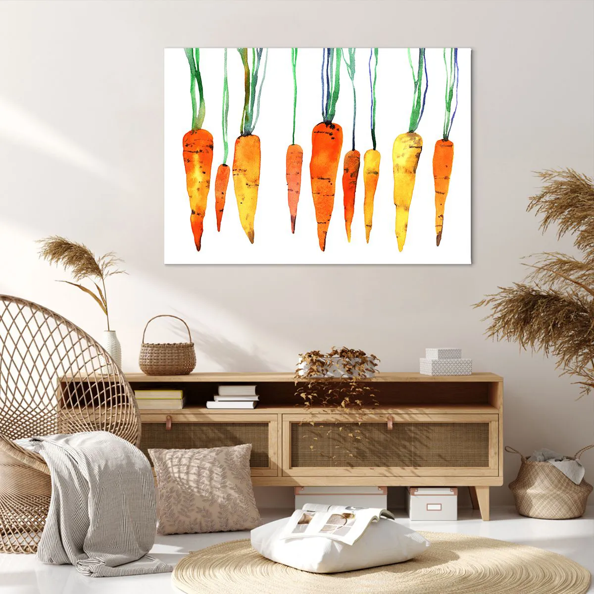 Obraz na płótnie - Akwarelowe marchewki w różnych odcieniach na białym tle - 100x70cm - Uroda zwyczajności - Nowoczesna dekoracja ścienna do salonu, kuchni i sypialni ARTTOR