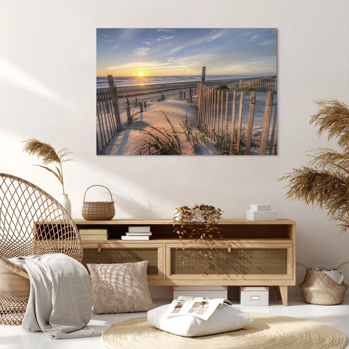 Obraz na płótnie - Plaża o zachodzie słońca z drewnianym ogrodzeniem - 100x70cm - Blask i cień wiatru - Nowoczesna dekoracja ścienna do salonu, kuchni i sypialni ARTTOR