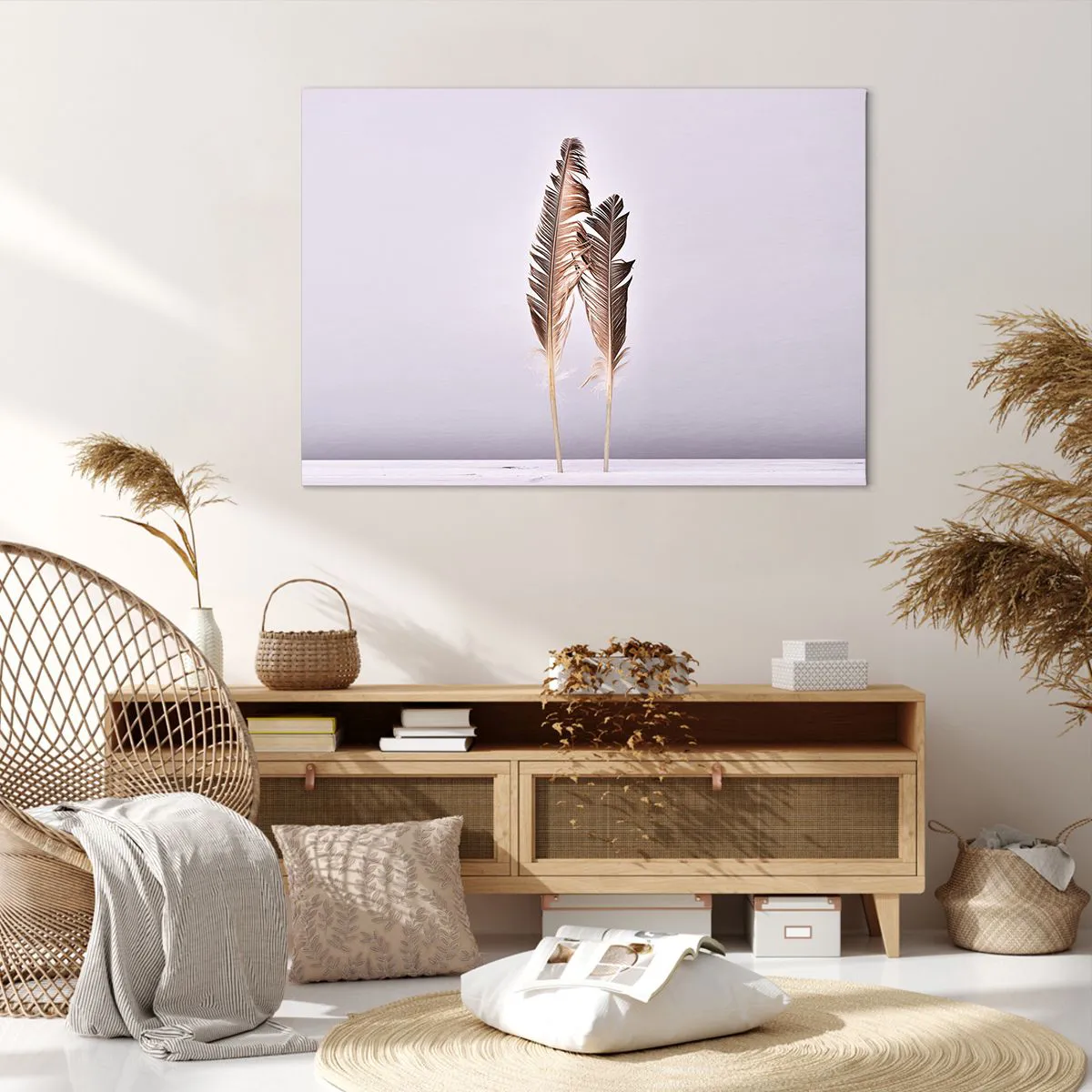 Impression sur toile - Image sur toile - Plumes délicates sur fond clair dans un style minimaliste - 100x70cm - Face au néant - Décoration murale moderne pour le salon et la chambre ARTTOR