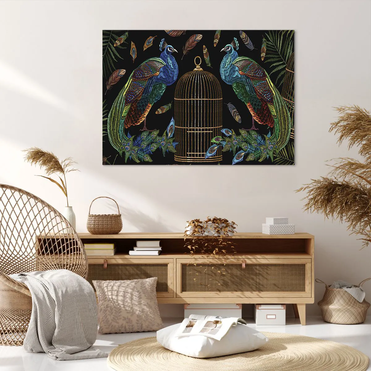 Impression sur toile - Image sur toile - Paons à côté d'une cage dorée sur fond noir - 100x70cm - En robes royales - Décoration murale moderne pour le salon et la chambre ARTTOR