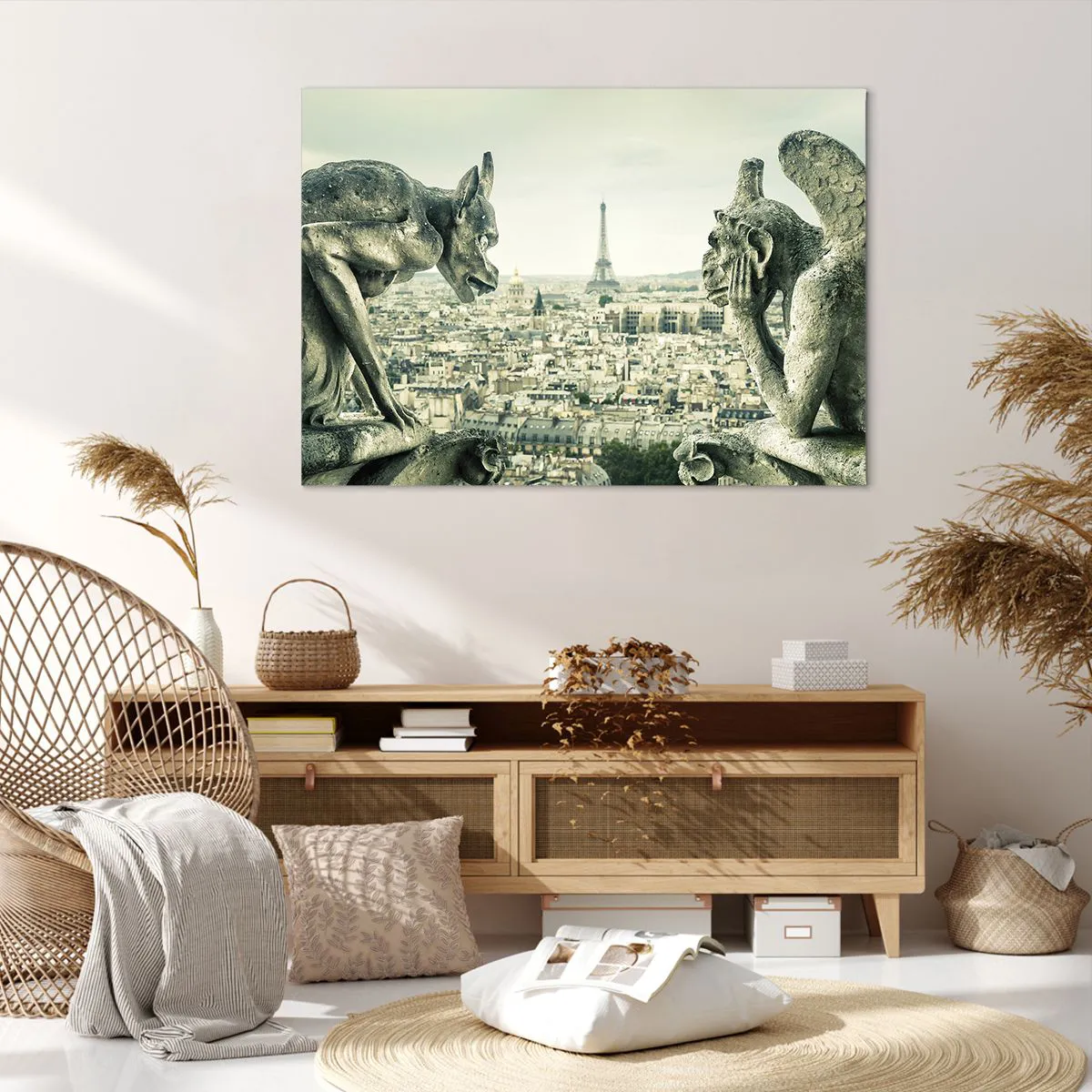 Obraz na płótnie - Gargulce z widokiem na panoramę Paryża i wieżę Eiffla - 100x70cm - Paryskie pogaduchy - Nowoczesna dekoracja ścienna do salonu, kuchni i sypialni ARTTOR