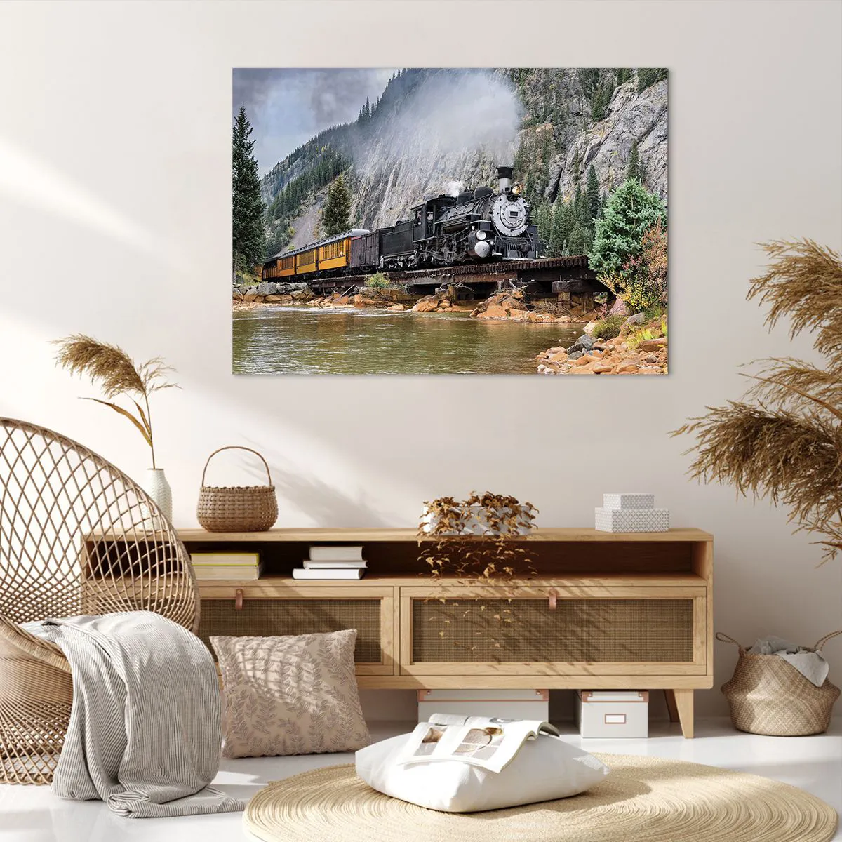 Obraz na płótnie - Parowóz na moście w malowniczym górskim krajobrazie - 100x70cm - A dokąd to? Dokąd? - Nowoczesna dekoracja ścienna do salonu, kuchni i sypialni ARTTOR