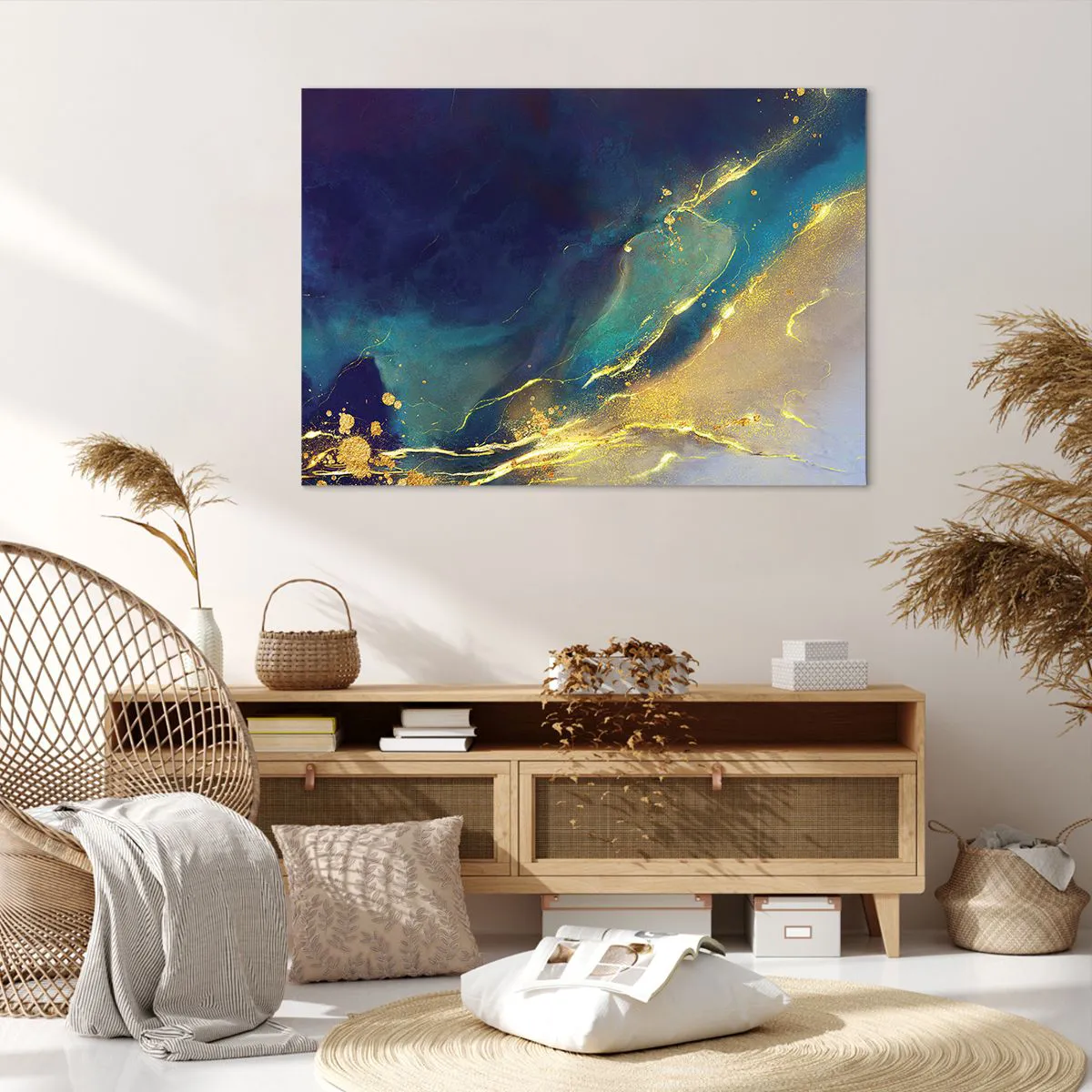 Bild auf Leinwand - Leinwandbild - Abstrakte Komposition in Blau- und Goldtönen auf Leinwand - 100x70cm - Der goldene Teich - Moderne Wanddekoration für Wohnzimmer und Schlafzimmer ARTTOR