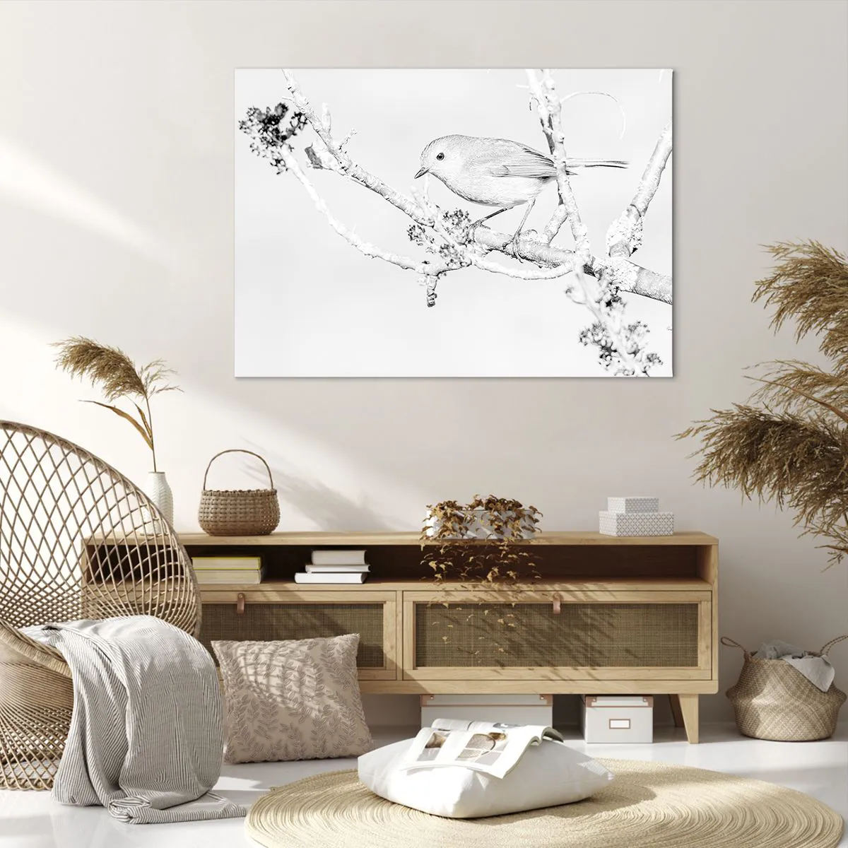 Impression sur toile - Image sur toile - Oiseau sur une branche en noir et blanc avec un style minimaliste - 100x70cm - Matin d'hiver - Décoration murale moderne pour le salon et la chambre ARTTOR